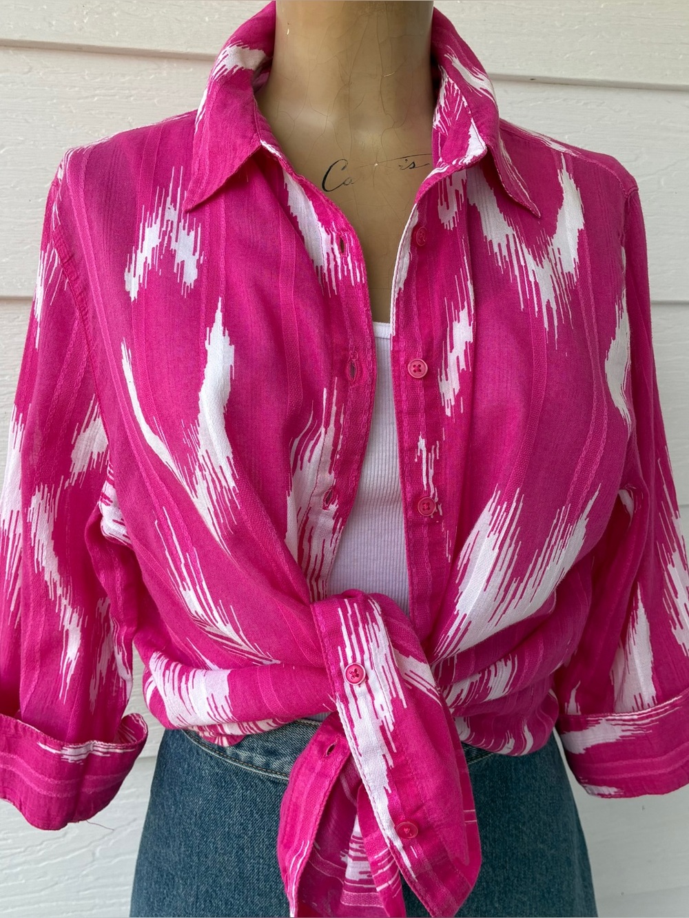 Chico’s Hot Pink White Abstract Cotton Woven Button-Up Collared 3/4 Sleeve Large